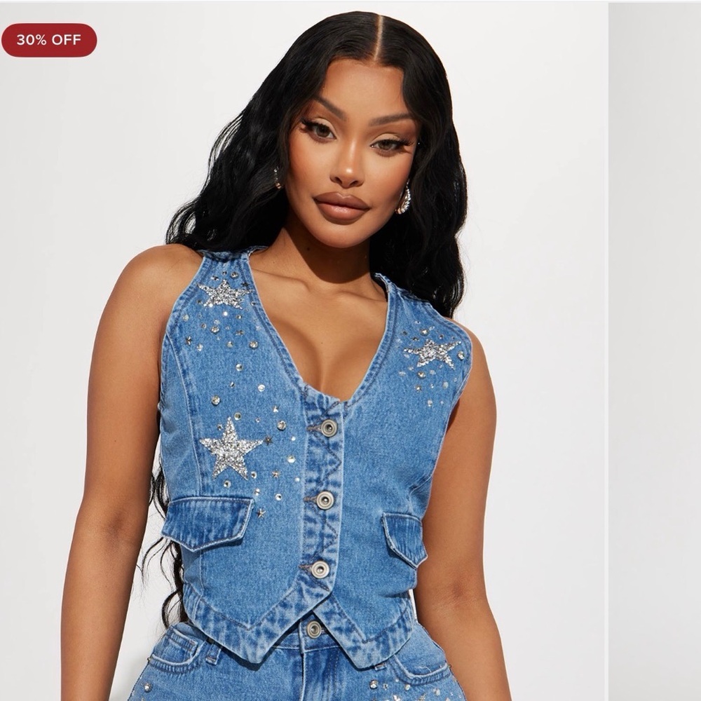 Fashion Nova Blue Denim Vest with Silver Embellishments